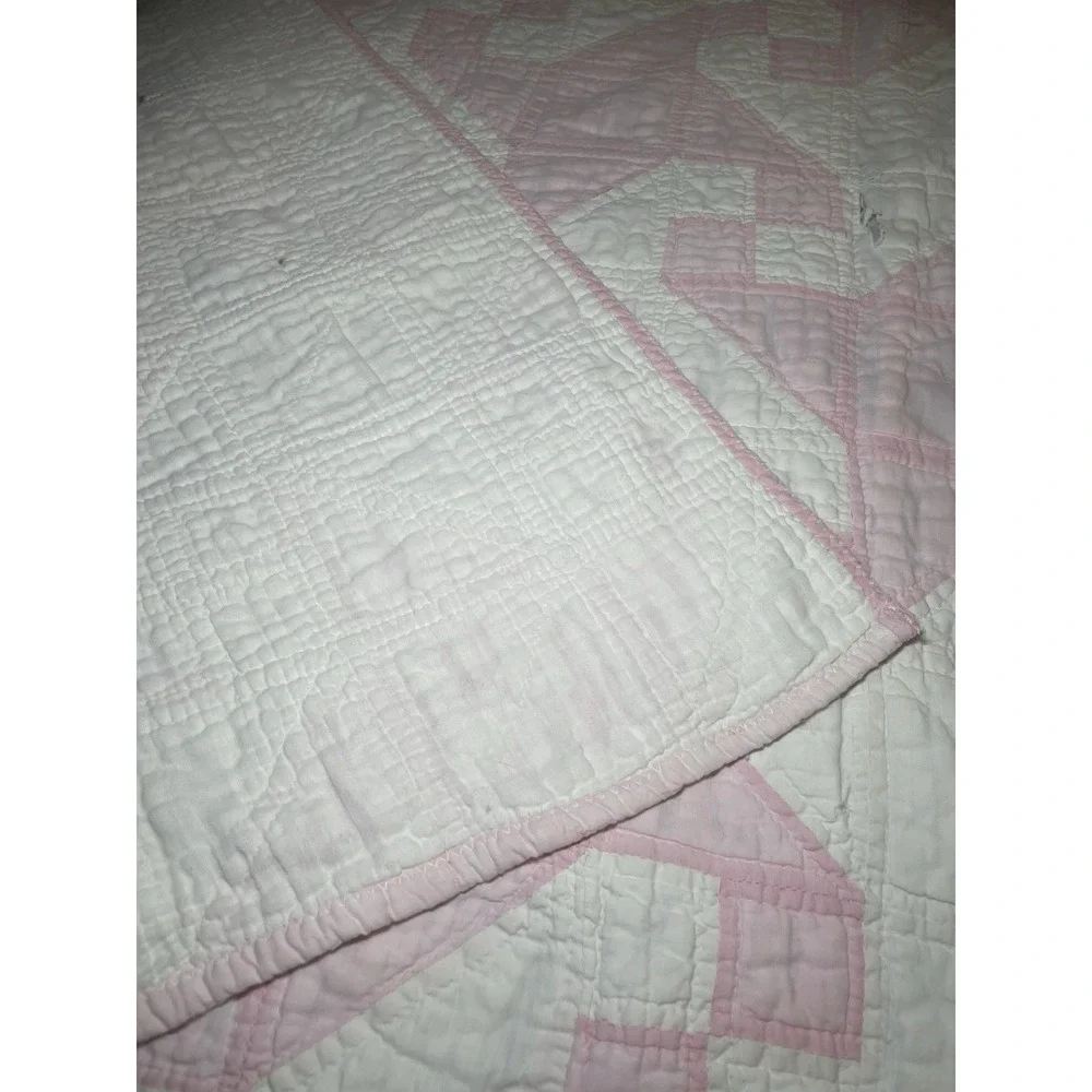 VTG ANTIQUE HANDMADE QUILT 69x69 Drunkard's Path Pink White Cottage 1920's Loved